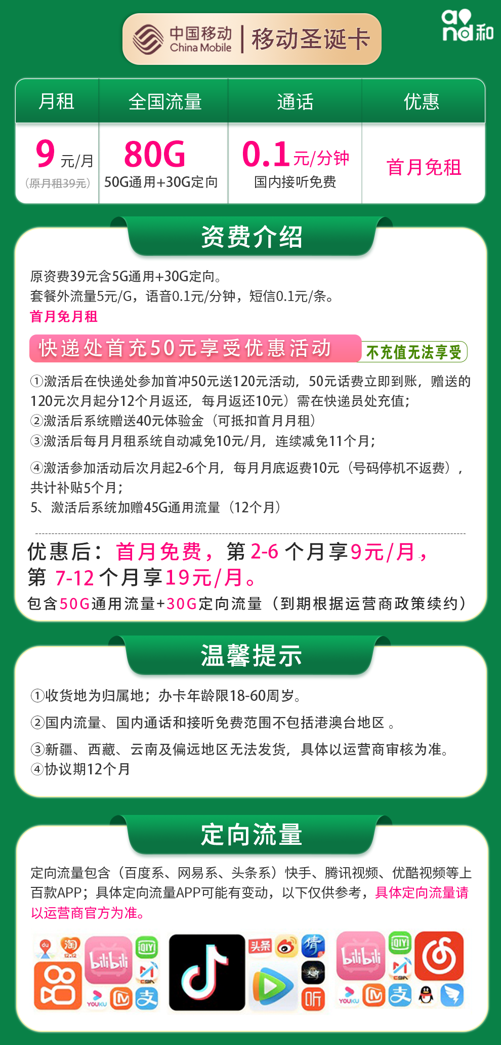 移动圣诞卡资费套餐介绍