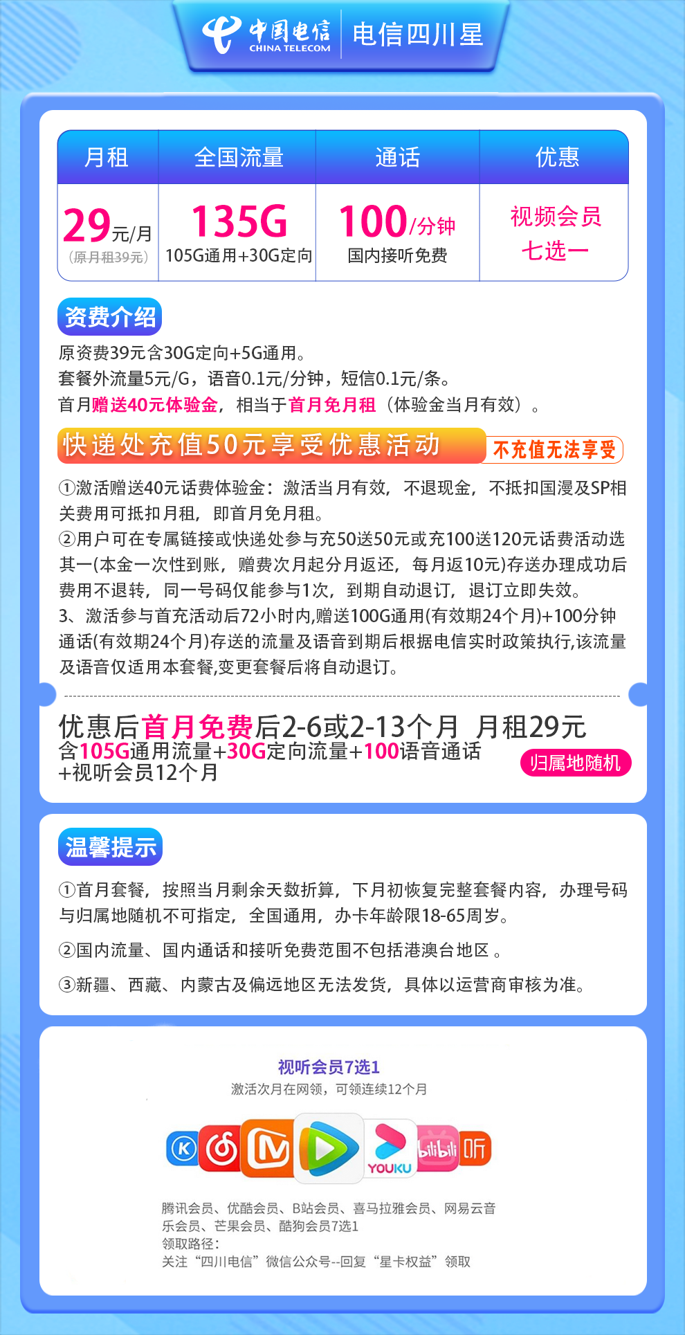 电信四川星卡资费套餐介绍